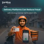 Delivery executive holding a driving license with a verification status shown on a smartphone, illustrating fraud prevention through Driving License Verification API by Gridlines.