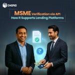 Two professionally dressed men exchanging money and a smartphone, symbolizing a digital financial transaction. MSME verification icons appear in the background.