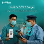 Security personnel verifying a vaccination certificate via CoWIN during India’s COVID surge.