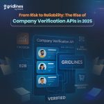 Illustration of Gridlines' Company Verification API enabling real-time company checks for fintech, B2B platforms, and procurement systems.