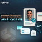 Illustration of digital identity verification with a profile photo, ID cards, API icons, and text highlighting KYC & KYB verification.