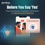 Illustration of a couple chatting on a matrimonial app with a prompt asking "Is this profile real?", highlighting the importance of identity verification.