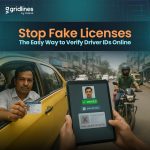 Driver holding a license from a yellow cab while a tablet verifies it as real or fake on a busy Indian street.