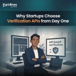 Illustration of a confident startup founder sitting in an office with screens displaying analytics and the text “API-based verification,” representing the adoption of verification APIs from day one.